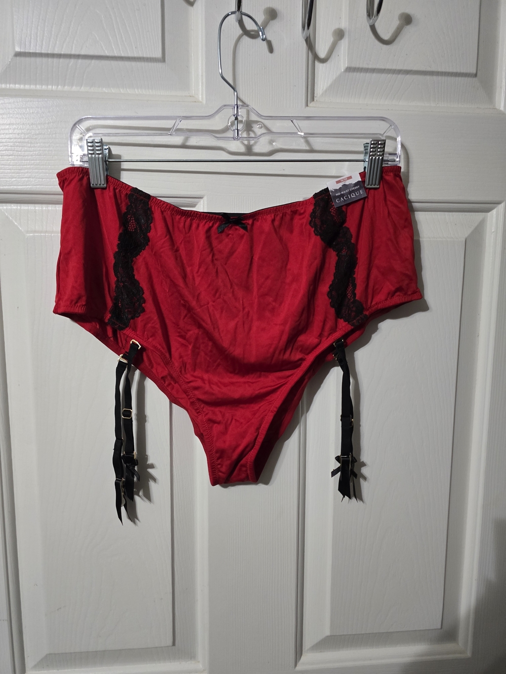 Cacique Red High-Waist Garter Briefs with Black Lace